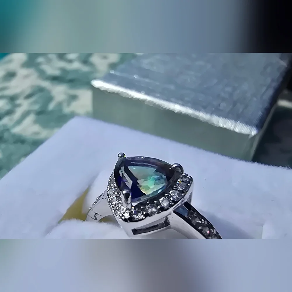 Mystic Topaz Rainbow Trilliant (Trillion) Cut 925 Sterling Silver Ring Pave